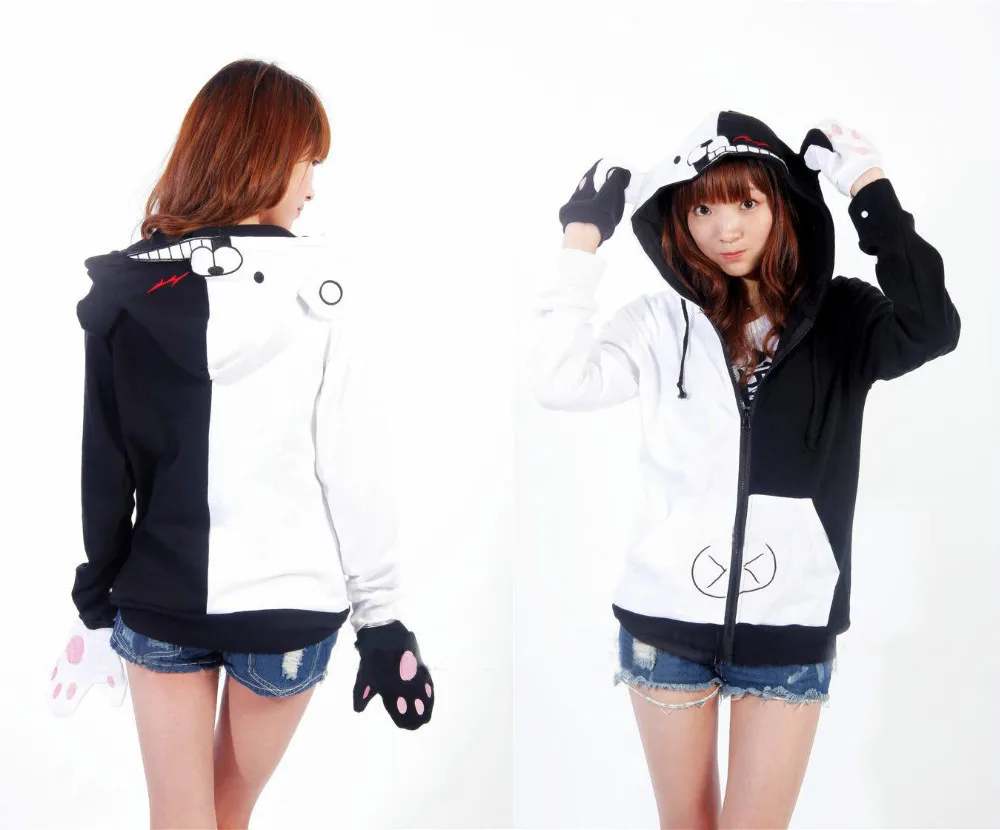 

Danganronpa Monokuma Cosplay Costume Women Men Black And White Bear Jacket Sweatshirt Zip Hoodies With Gloves Outwear Hooded