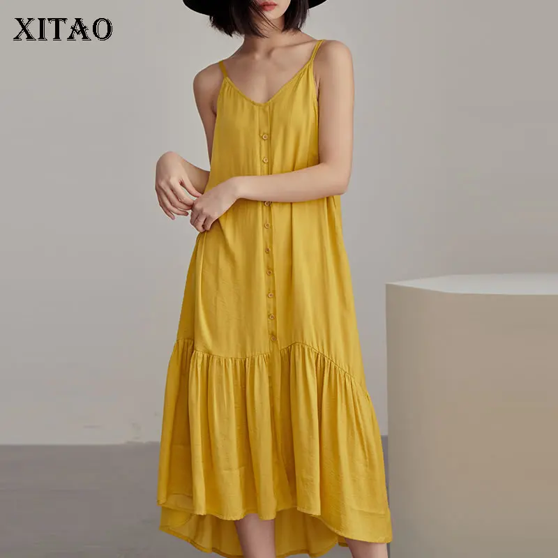 

[XITAO] Women 2019 Summer New Fashion V-neck Sleeveless Loose Dress Female Solid Color Button Spaghetti Strap Dress ZQ1293