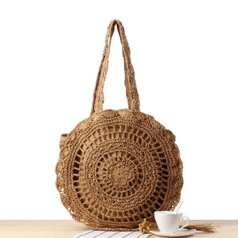 

2019 Summer Circular Beach Bag Women Straw Ruffles Shoulder Bag Brand Designer Handbags Casual Woven Knitting Straw Bags