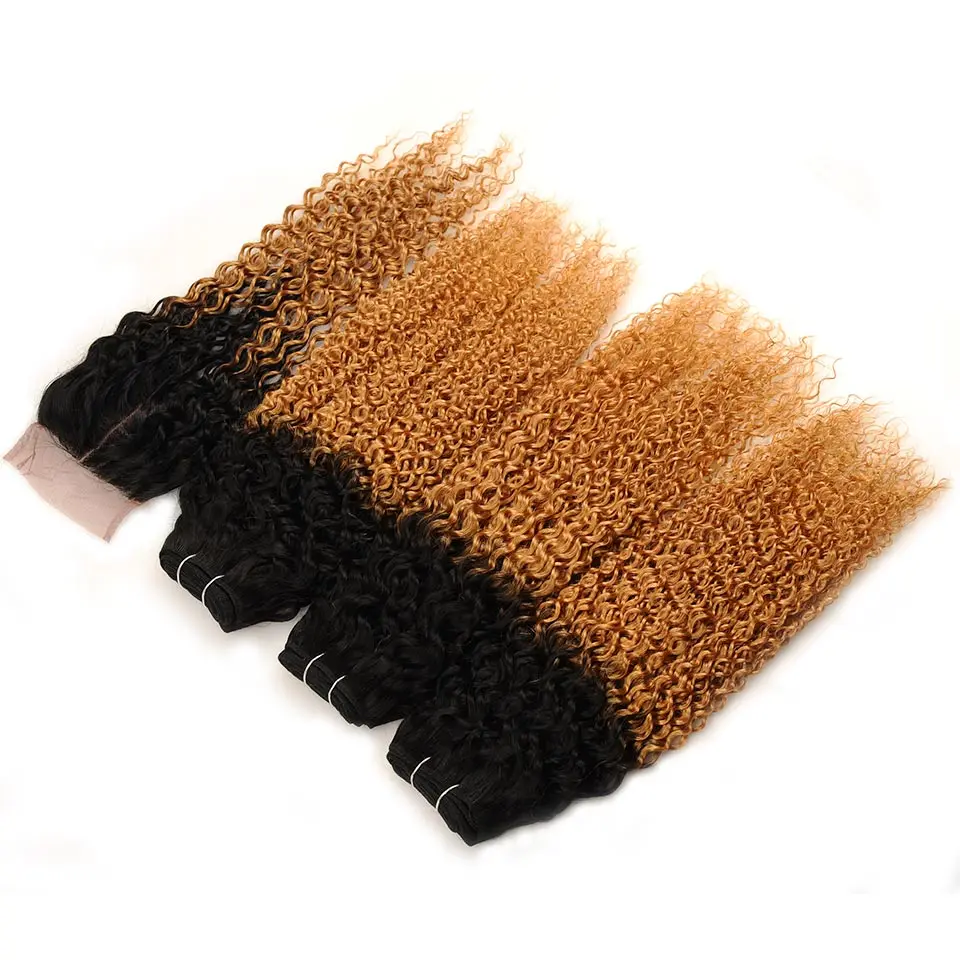Pinshair Ombre Brazilian Curly Weave Human Hair Bundles With Lace Closure Blonde 1B 27 Jerry Curl 3 Bundle With Closure Non Remy (16)