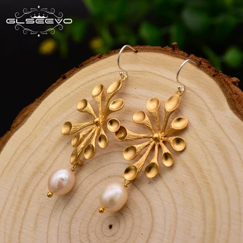 

GLSEEVO Handmade 925 Sterling Silver Leaves Dangle Earrings For Women Natural Fresh Water Pearl Fine Jewellery Brincos GE0040