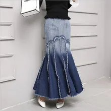 Джинсовая юбка Длинная женская Весенняя Потертая джинсовая юбка винтажная Корейская Высокая талия контрастная цветная юбка-годе QV408
