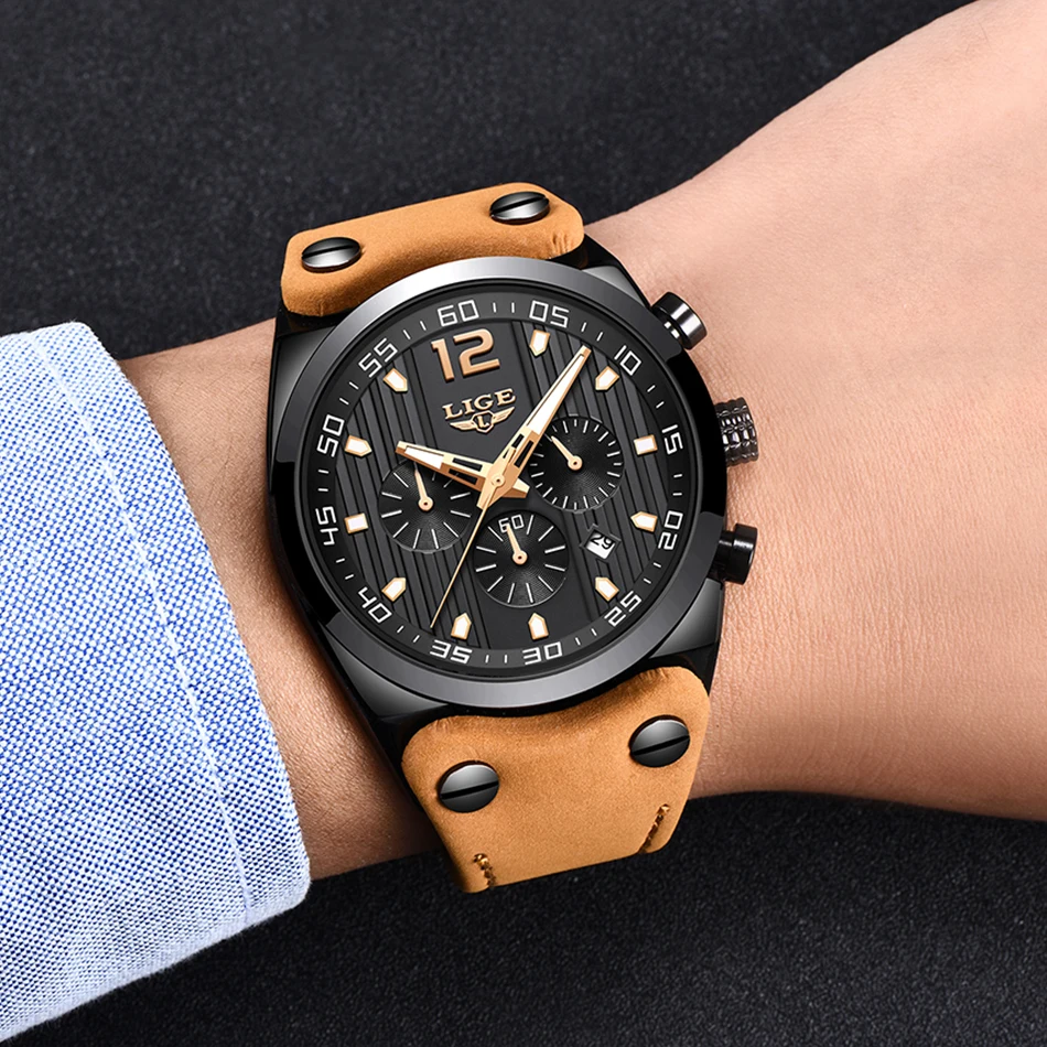  LIGE Sports Mens Watches Casual Military Chronograph Quartz Man Outdoor Big Dial Waterproof Watch A
