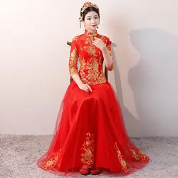 Красные Свадебные невесты китайский Стиль Cheongsam традиционные женские длинные Qipao Вышивка Для женщин вечернее платье жениться одежда S-XXL