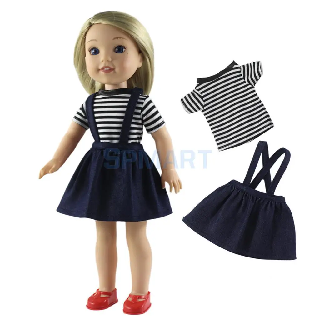 

Striped T-shirt & Shoulder Strap Miniskirt Set for American Girl 14.5'' Wellie Wishers Doll Clothes