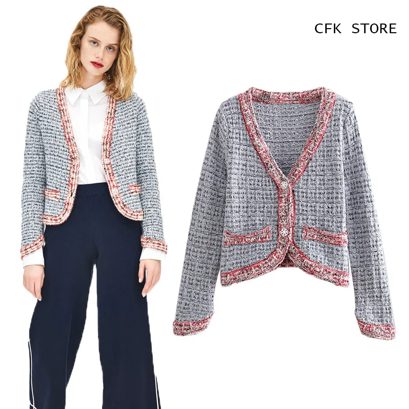 Women Tweed Cardigans 2019 New Autumn Elegant Style Korean Striped