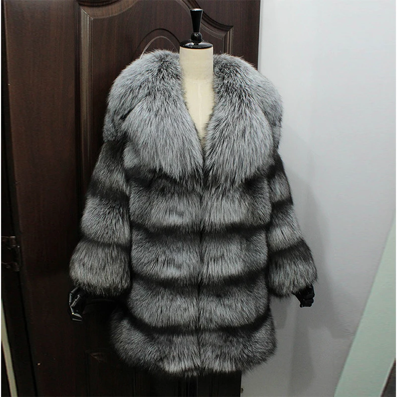 

FURSARCAR 80cm Long Real Fox Fur Coat High Quality Women Winter Geunine Leather turndown collar Fur Coat