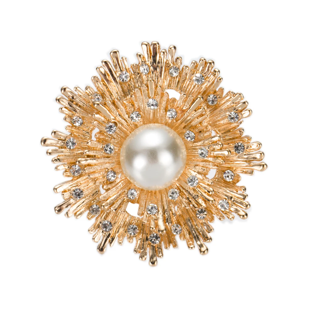 2 inch Gold Tone Ivory Pearl and Rhinestone Brooch Prom Party Pins