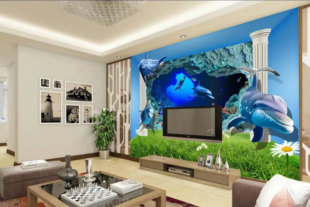 Настенные 3D обои подводный мир дельфинов современные для гостиной фрески
