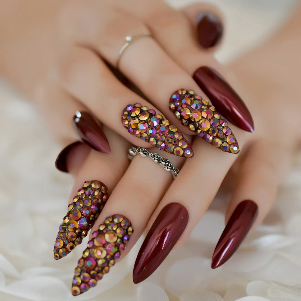 Extra Long Nail Tips Stiletto Rhinestone Designer Press On Nails Dark Red  Shiny Surface Artificial Nail Art Tips 24pcs|False Nails| - AliExpress