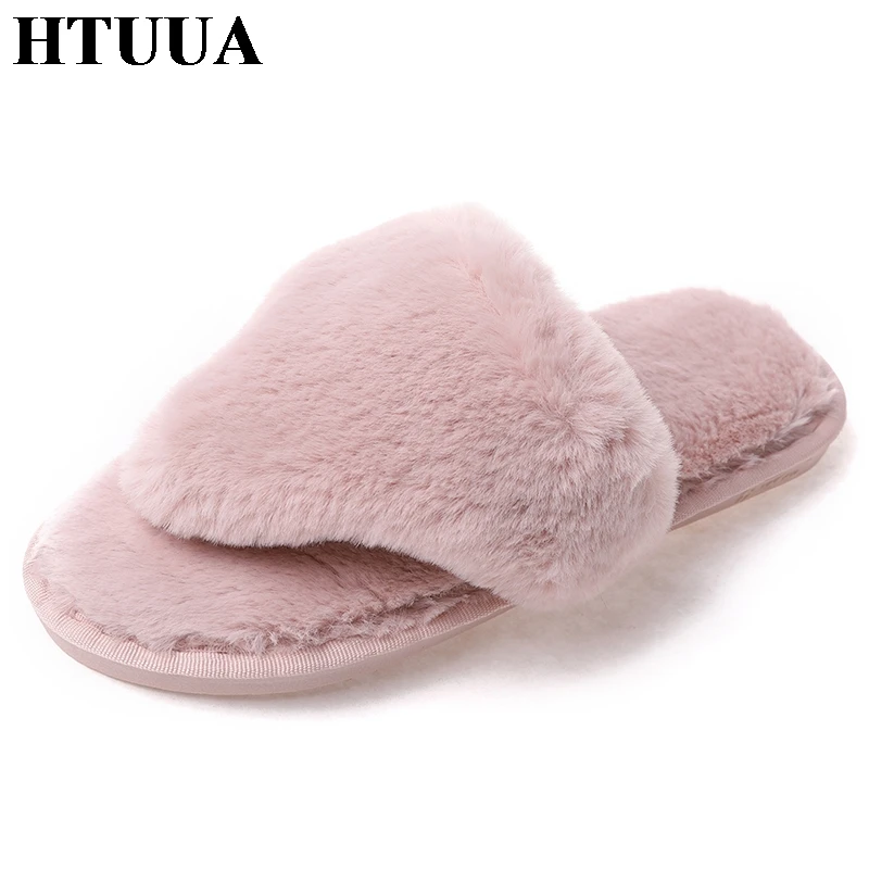 

HTUUA Fluffy Faux Fur Slippers Women Flip Flops Cozy Winter Shoes Plush Warm Flats Fur Slides Soft Floor Home Slippers SX1486
