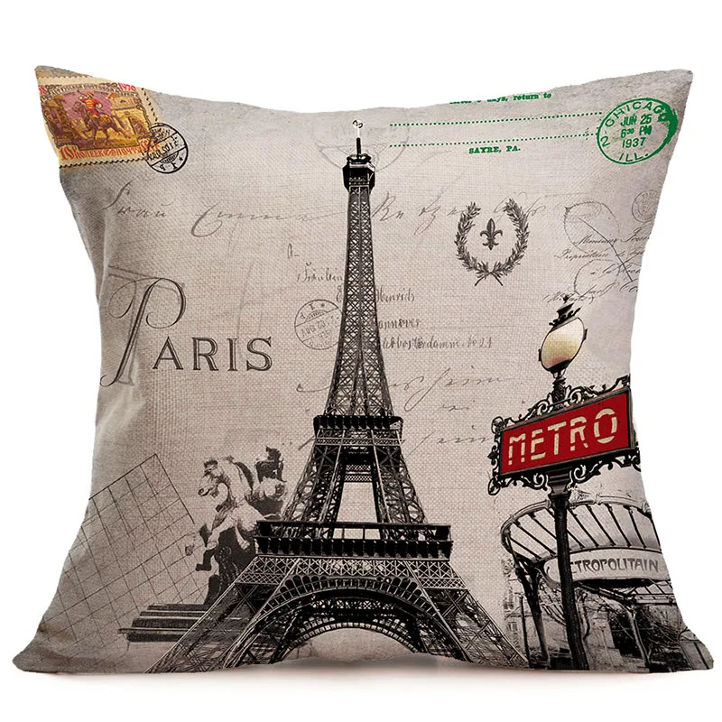 cheap Eiffel Tower Flowers Pattern Pillow Case Cotton Linen Cushion Cover Car Office Sofa Throw Pillowcase Retro Vintage Home Decor