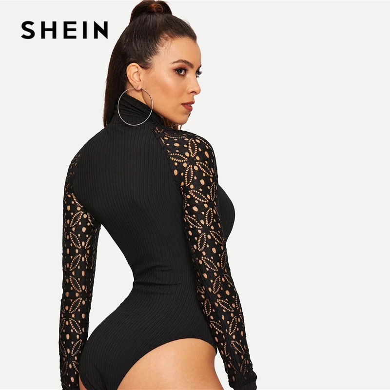 SHEIN الأسود موك الرقبة جبر الدانتيل كم جاهزة مضلع متماسكة ارتداءها طويلة الأكمام المرأة الخريف مكتب سيدة عادي داخلية