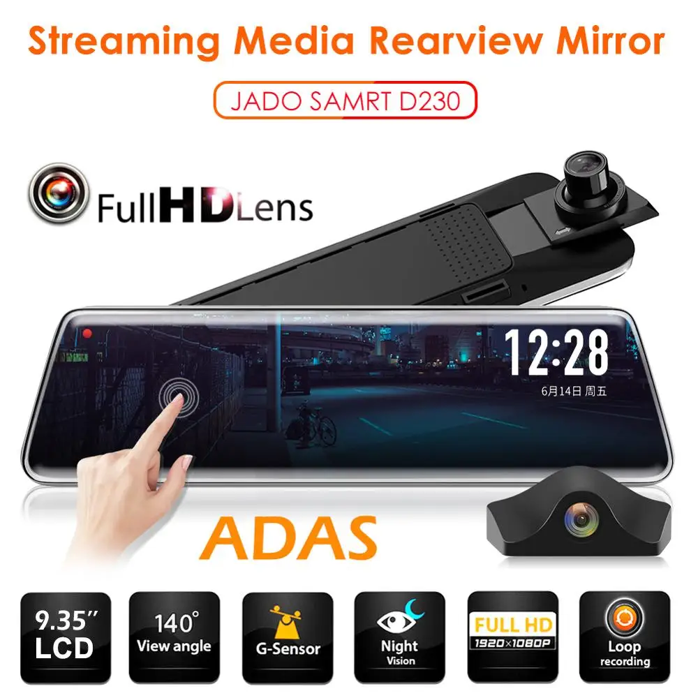 

JADO D230 Dash Cam Car DVR Recorder Registrator 1080p 9.35 inch Streaming Media Automobiles Rearview Mirror Camera Dashcam