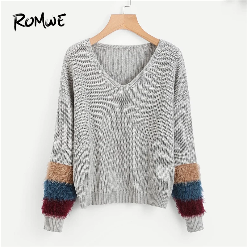 ROMWE Grey V Neckline Fur Cuff Sweaters Women Casual