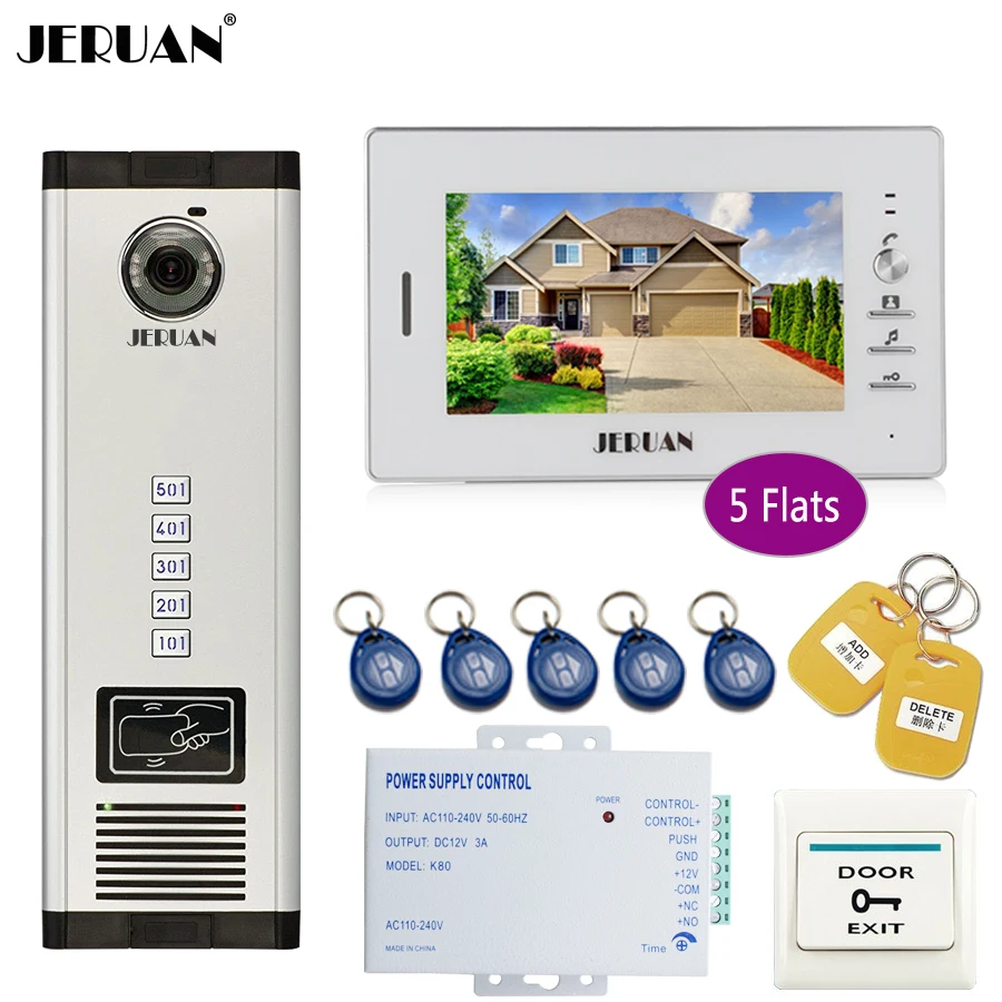 JERUAN 7 ''монитор 700TVL Камера телефон видео домофон доступа Управление ворот дома запись безопасности комплект для 5 семей квартиры