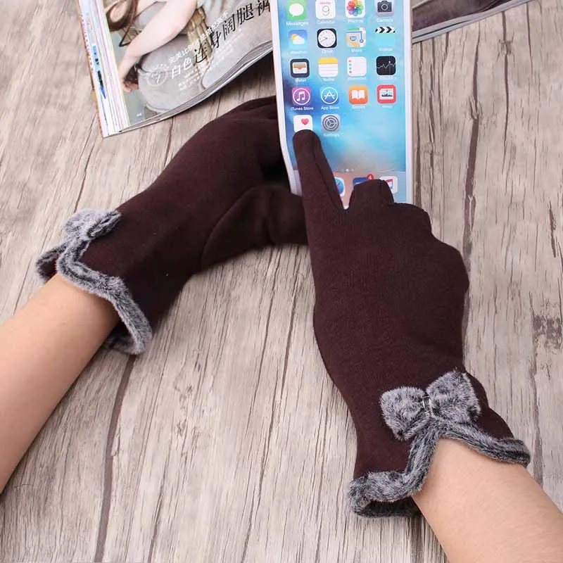 Модные зимние теплые однотонные Бархатные перчатки для женщин классические Утепленные перчатки с бантиком трендовые женские уличные Элегантные наручные перчатки