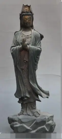 

S3356 9" old chinese buddhism bronze pray fane Kwan-Yin GuanYin goddess buddha statue