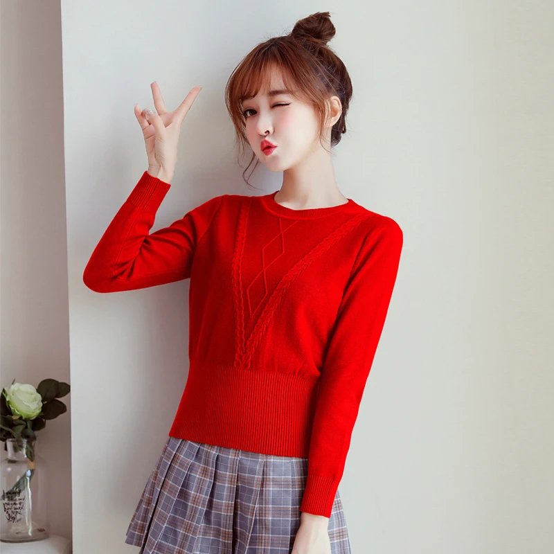 Fashion High Waist Slim Women Sweater Winter Round Neck Knit Pullover Ribbed Elasticity Small Waist Female Student Sweater 2018