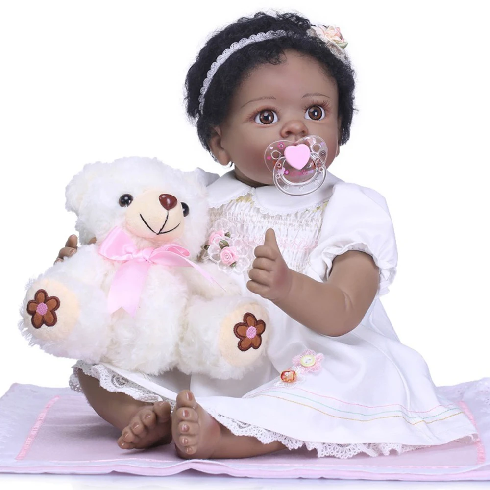 

Black skin Girl Silicone + Cotton body Reborn Babies Dolls Interactive DIY Toys curls Baby Lifelike Bebe Reborn boneca moana G1