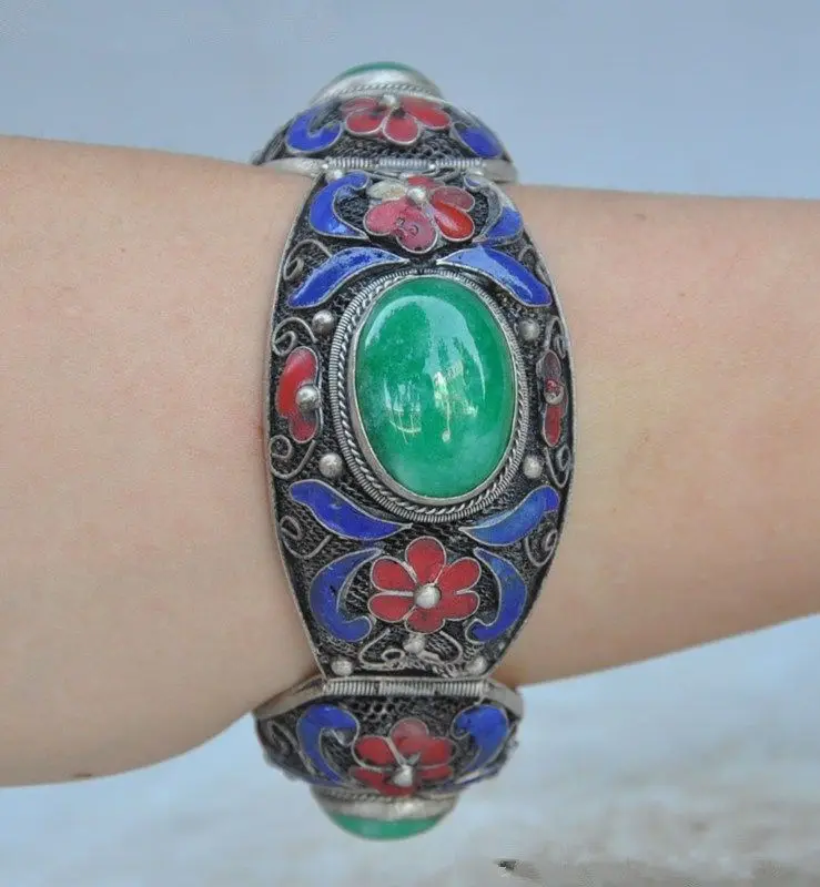 

Ancient Chinese exquisite Tibet silver inlaid jade bracelet ^^@^18K GP SHIPPING 5.25