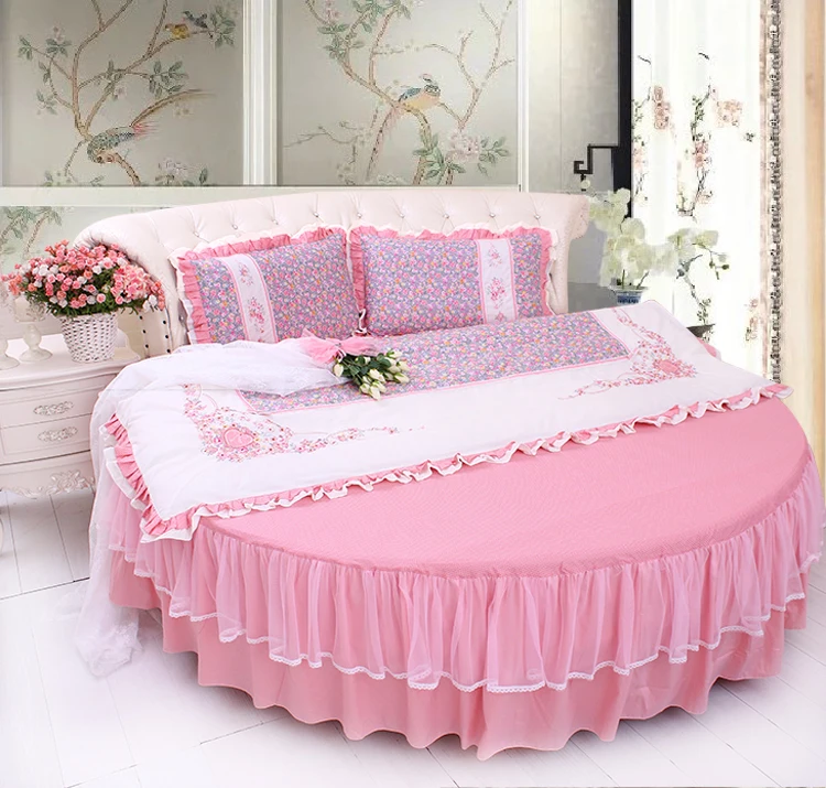 Cheap LACE ROUND Corner Bed Europe Orange color Flower Bedding sets Cotton Round Double Bed sheet Duvet cover Pillow case Bedskirt 44