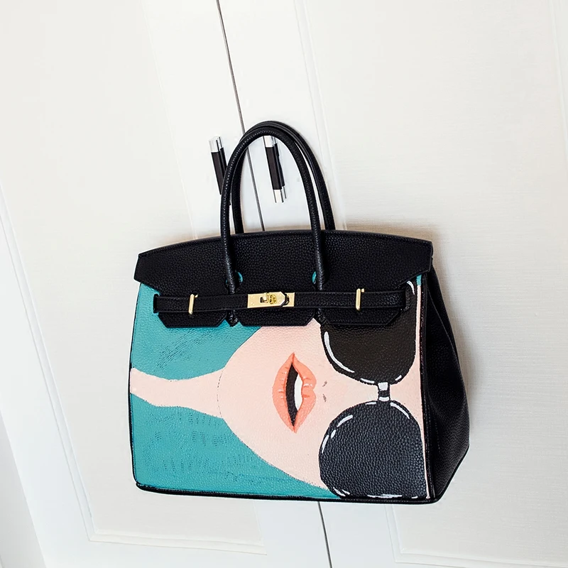 

2017 High Quality 35CM PU leather Golden Hardware Customized Top-handle bags People Character image painter handbag Ladies bag