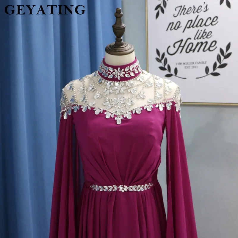 Elegant High Neck Muslim Fuchsia Evening Dress Long Sleeves Crystal Arabic Kaftan Dubai Prom Dresses 2019 Long Black Formal Gown Elegant High Neck Muslim Fuchsia Evening Dress Long Sleeves Crystal Arabic Kaftan Dubai Prom Dresses 2019 Long Black Formal Gown