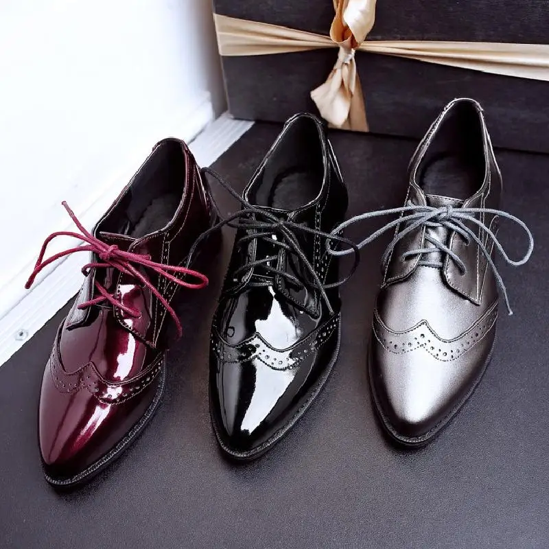 

Spring Women's Flats Pointed Toe British Style Oxfords Women's Shoes Women's Patent Leather Dress Flats Size: 34--43