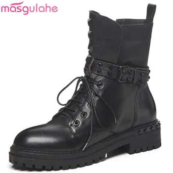 

Masgulahe 2018 fashion autumn winter boots for women round toe lace up zip genuine leather boots ankle boots rivet med heels