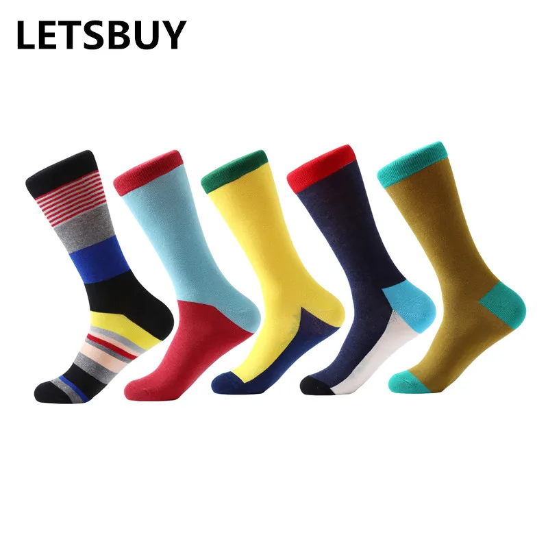 LETSBUY 5 pair/lot men cotton socks solid colored mens spelled color