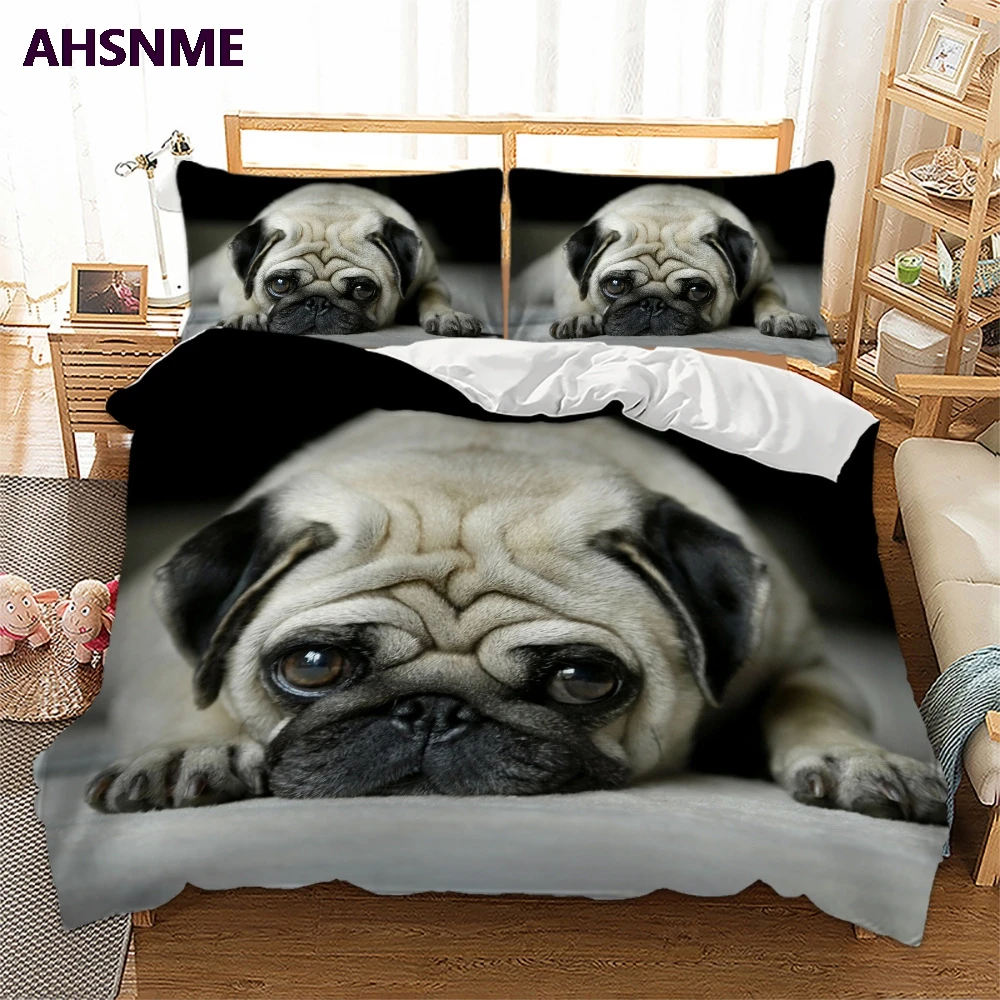AHSNME, 3D эффект, милая собака, покрывало, набор летних постельных принадлежностей, мопс, король, королева, Комплект постельного белья