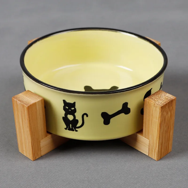 New Printed Bone Paw Ceramic Dog Bowl Wooden Rack Dog Food Bowl Drinking Water Dish Pet Bowls Cat Dog Feeder Dog Food Container