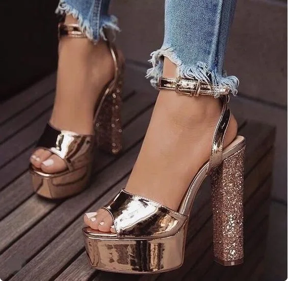 

Sexy Gittering Chunky Heels Sandals Champagne Leather Ankle Strap High Platform Dress Shoes Cut-out Peep Toe Summer Shoes Women