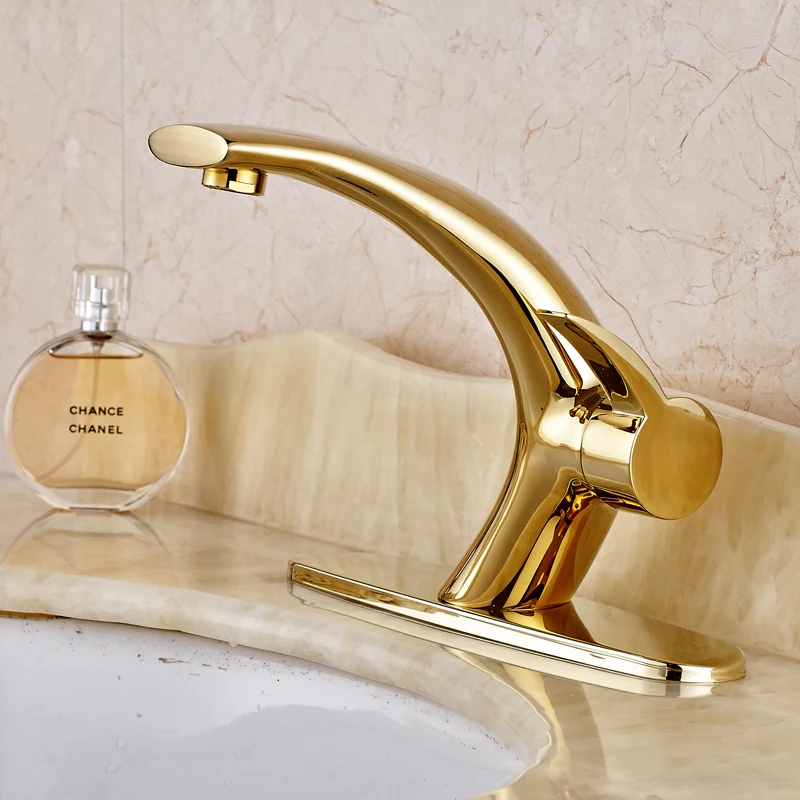 

Free Shipping New Design Gold Finished Deck Mounted Bathroom Sink Faucet Mixer Tap With Cover Plate