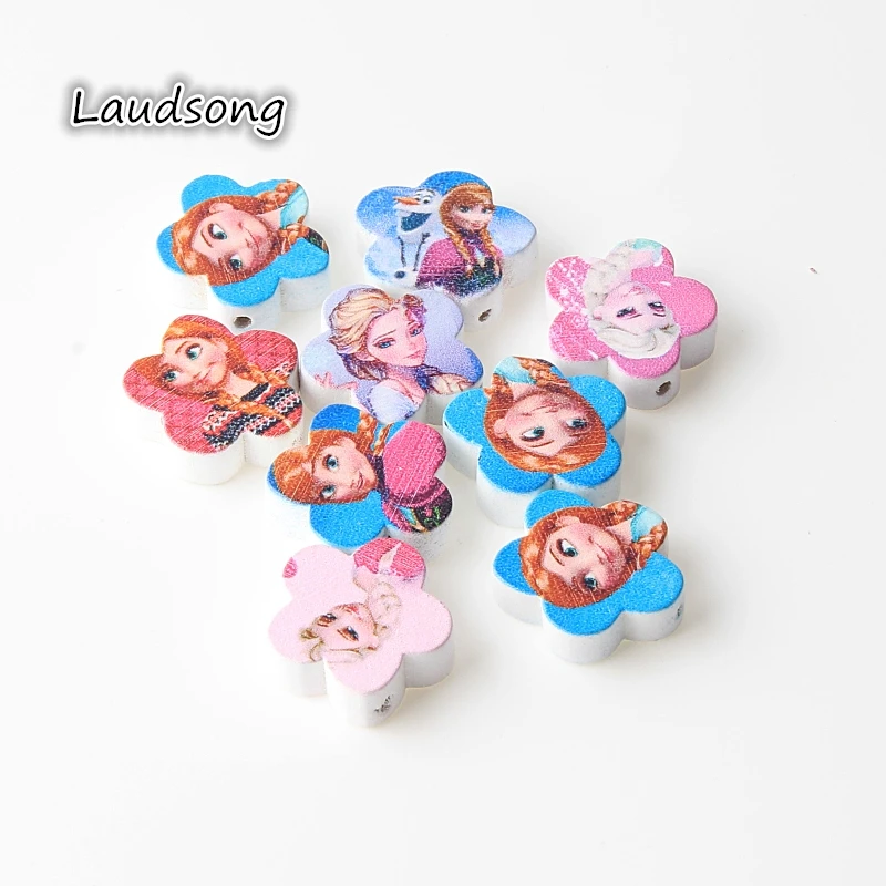 

20mm 20pcs White Paintied Mixed Snow Queen Pattern Flower Shape Natural Wood Spacer Beads For Jewelry Making