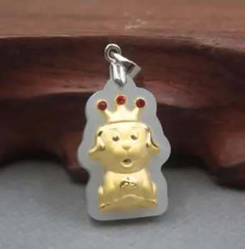 

Natural Hetian Jade Nephrite with 24K Gold Lovely Crown Dog Pendant 24mm H