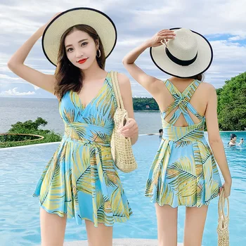 

Plus Size One-piece Skirt Women Conservative Cover Belly Steel Prop Chest Pad Shape Sexy Hot Spring Swimming Suit A2249YPC