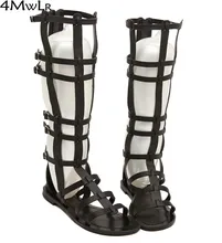 preppy style student summer casual knee high summer boots pu leather buckles caged open toe flat combat sandals gladiator rome