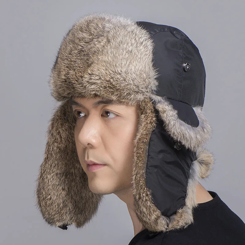 rabbit fur trapper hat tan black 3