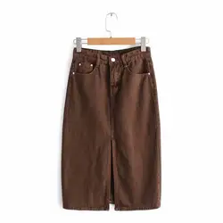 Для женщин коричневые джинсовые юбки высокая посадка на пуговице карманы джинсы для Юбка Ретро Street Wear женский длиной до колен