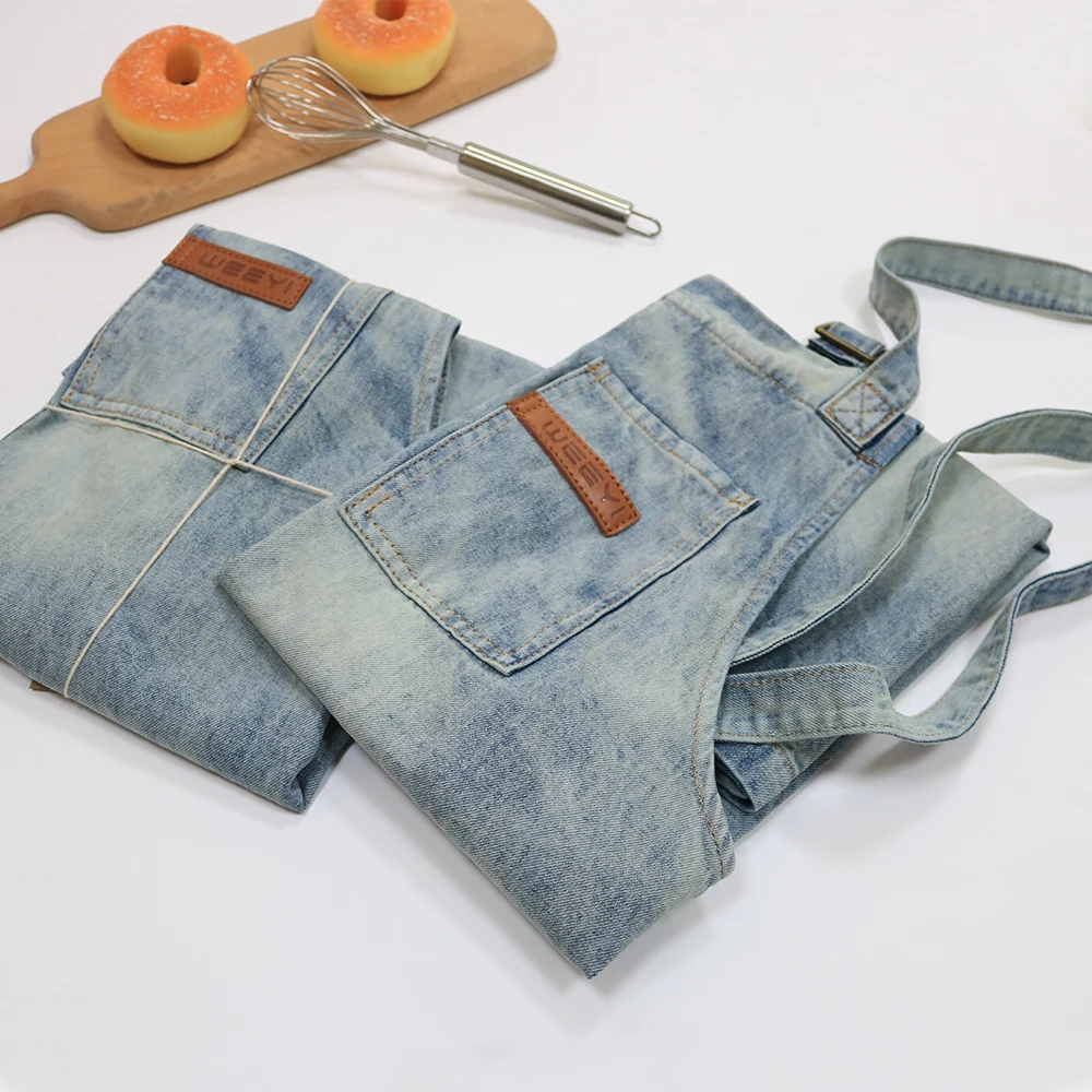 WEEYI Vintage Blue Kitchen Denim Aprons For Men Women Unisex Homewear Workwear Apron For Cooking Chef Barista Bartender delantal