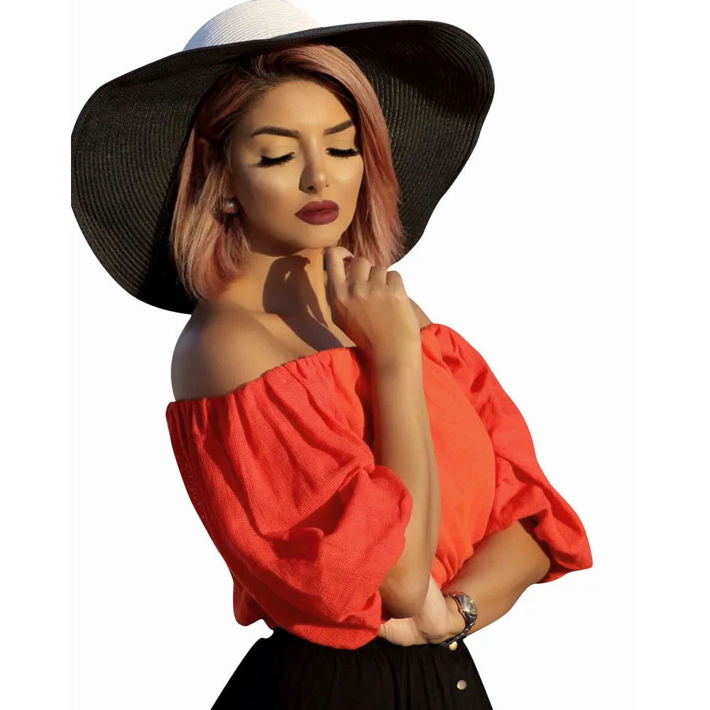 

Women's sexy short T-shirts European and American style slash-neck short T-shirt Camiseta corta sexy para mujer