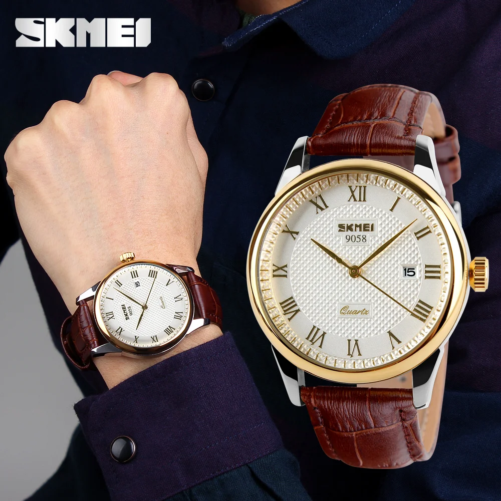 Известный бренд SKMEI модный кожаный ремешок кварцевые мужские повседневные часы Календарь Дата Работа для мужчин платье наручные часы 30 м водонепроницаемый