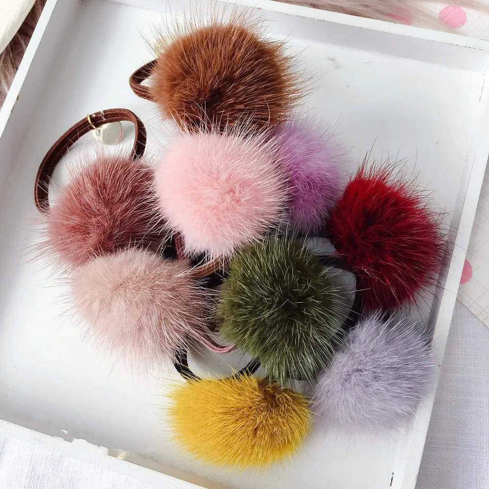 

Korea Handmade Solid Mink hair ball Adult Women Elastic Hair Bands Head wear Apparel Accessories-SWAWEHB009C5
