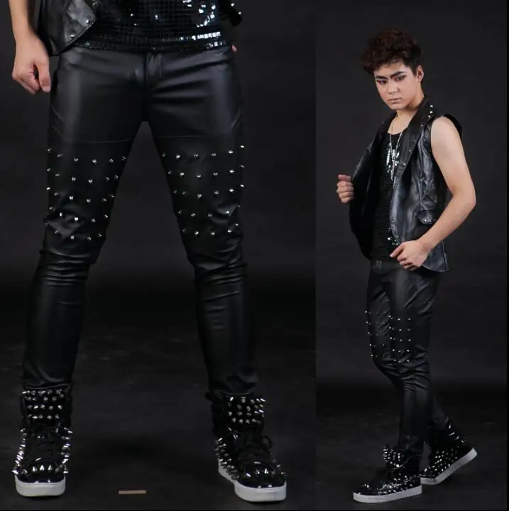 

Stage personality men leather pants casual pant men pu trousers singer dance rock fashion pantalon homme punk novelty rivets