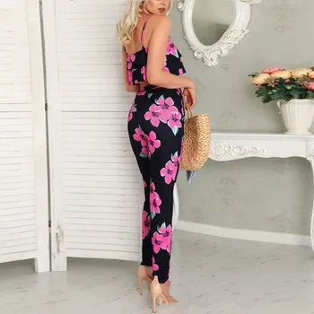 

2019 Women Sleeveless Floral Print Ruffles 2 Piece Set Spaghetti Strap Crop Top Pants Casual Suits V-Neck Summer Outfits
