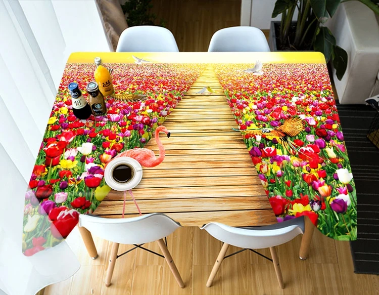 3D Colorful Flower and Flamingo Tablecloth Dustproof Thicken Cotton Rectangular/Round Table Cloth for Wedding Picnic Party