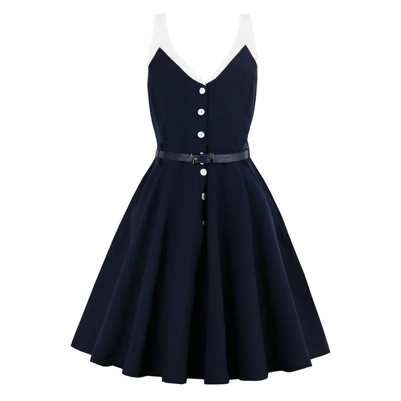 

Sexy Strap Vintage Dresses Women Elegant Blue Party Backless Sleeveless Belt Slim A Line Big Swing Summer 50s Retro Pin Up Dress