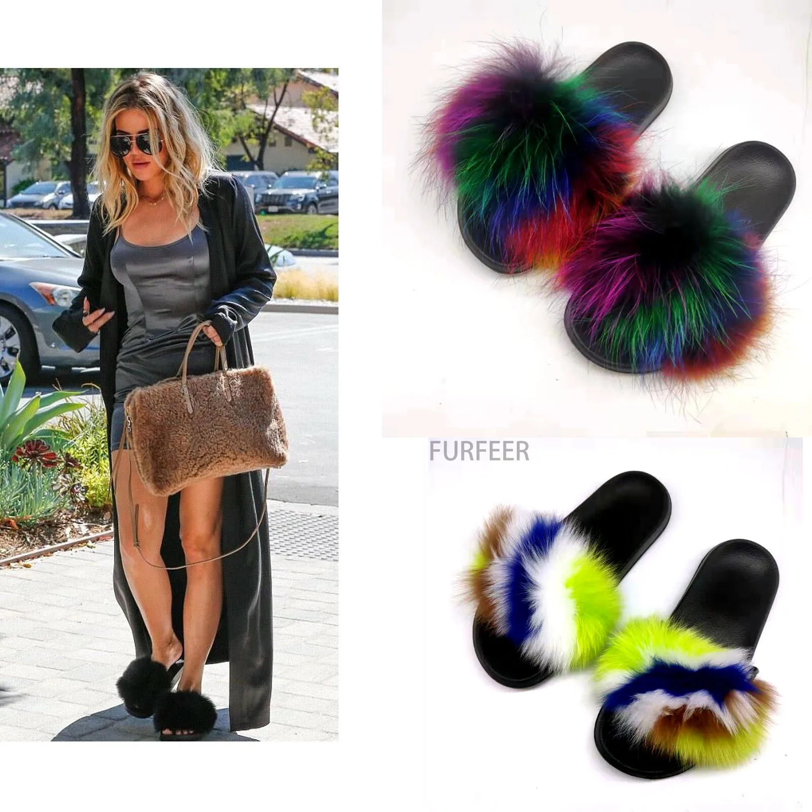 

Womens Ladies Fur Slides Fuzzy Furry Slippers Comfort Sliders Sandals Shoes Size Fox Fur Slipper